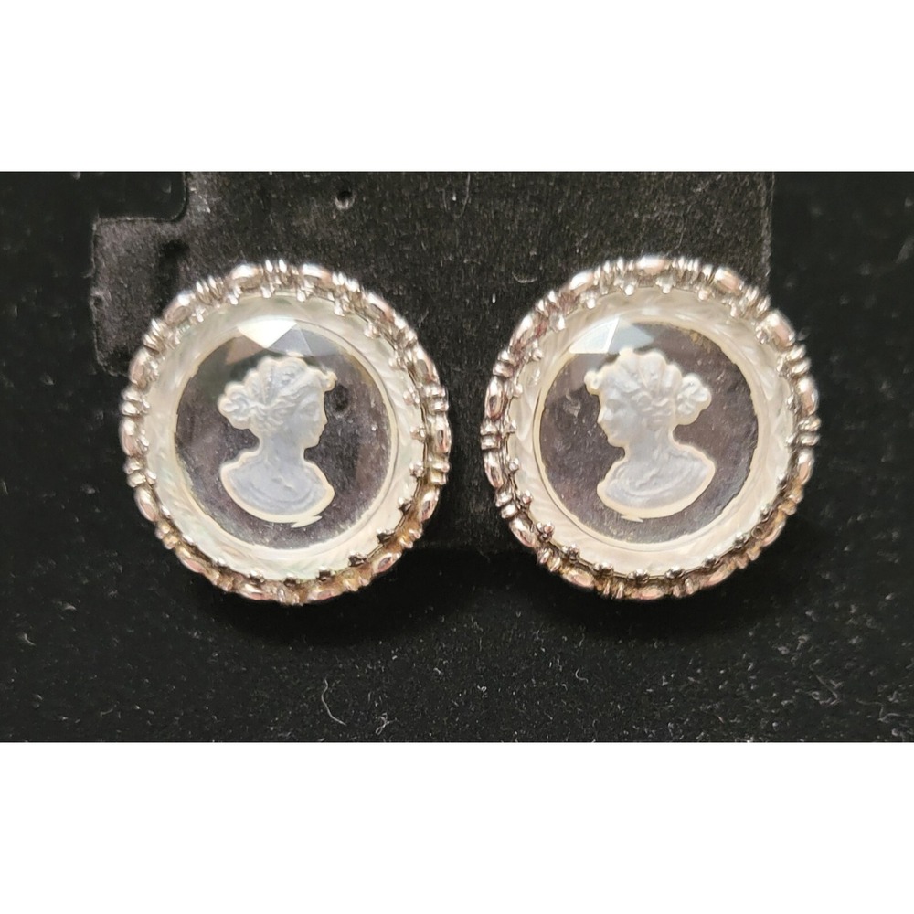 WHITING & DAVIS Signed Silver Tone Clear Glass Intaglio Cameo Clip-On Earrings